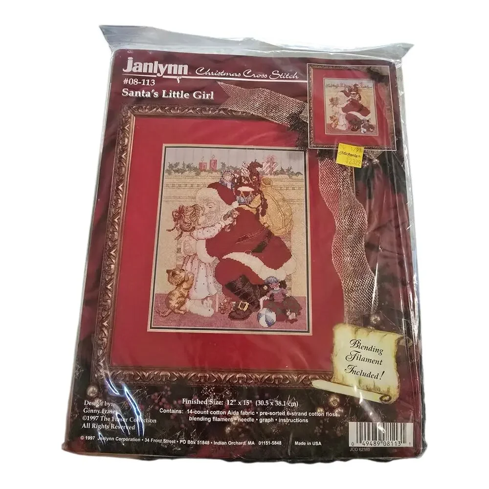 VTG Janlynn Christmas Cross Stitch Kit Santa's Little Girl 12x15